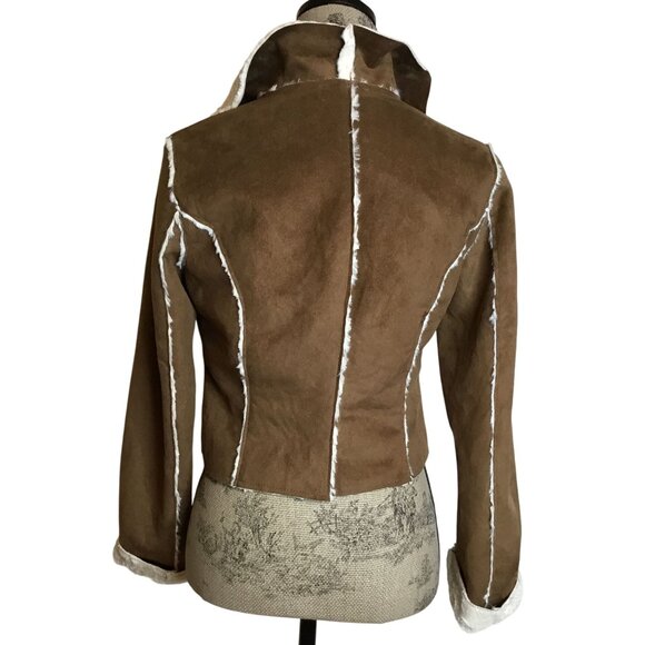 Jou Jou Faux Shearling Jacket Brown S Cream Open Front Moto Style Soft Lined - Picture 3 of 10